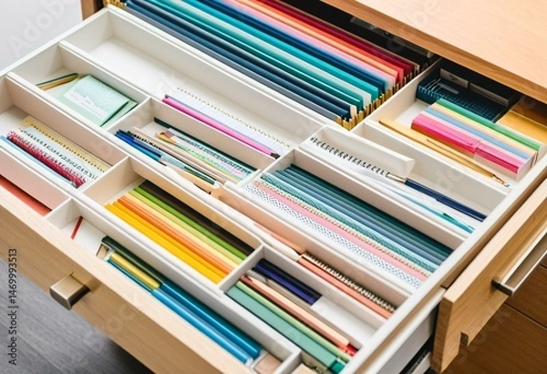 Obraz A drawer filled with lots of different colored pencils.