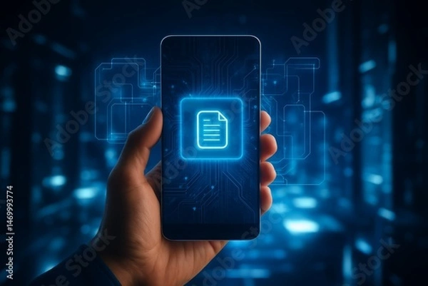Fototapeta Touching the Future, depiction of a hand interacting with a sophisticated hologram interface, symbolizing the seamless blend of human touch with cyber technology