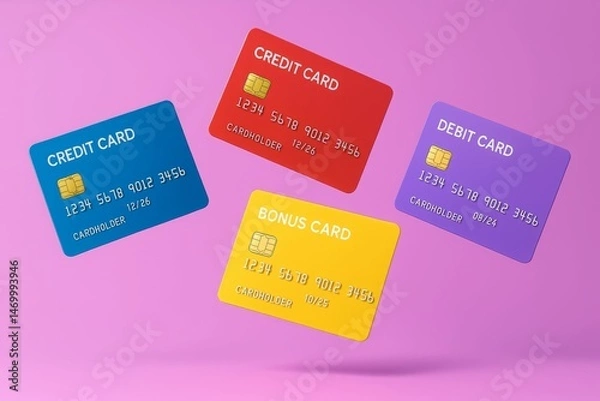 Obraz credit cards, debit cards, and bonus cards in levitation. consumer on a lilac, pink background. Gifts for Valentine's Day, woman, Mother's Day and birthday