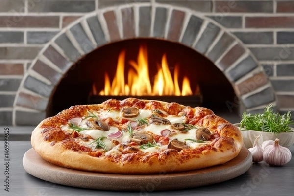 Fototapeta A rustic brick pizza oven with flames glowing inside and a pizza baking on the stone