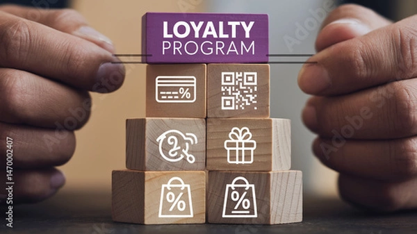 Obraz Wooden blocks showcase loyalty program concept, featuring icons of credit card, QR code, gift, and shopping bags, symbolizing rewards and benefits