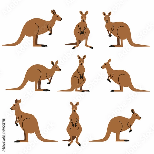 Fototapeta Playful Kangaroo Positives: Set of illustrations featuring a collection of lively kangaroos. Each kangaroo showcasing a distinct pose, capturing the essence of australian animal