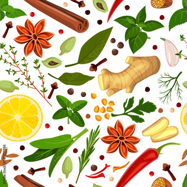 Fototapeta Spices herbs seamless pattern. Flat cartoon vector herbal background. Wrapping paper, print, package design