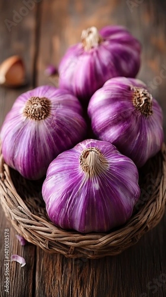 Fototapeta Close-up of purple garlic heads in a shallow basket.