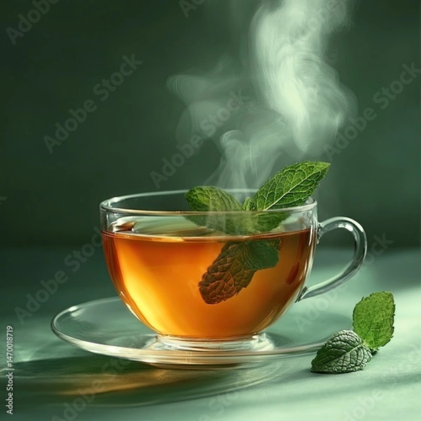 Obraz Fresh hot herbal tea cups with mint and lemon, a healthy beverage