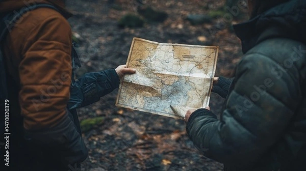 Fototapeta Two figures examine a weathered map in a forest.