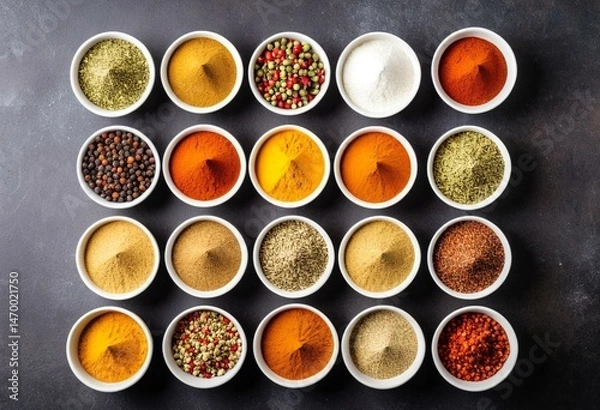 Fototapeta A variety of spices in small white bowls on a table.