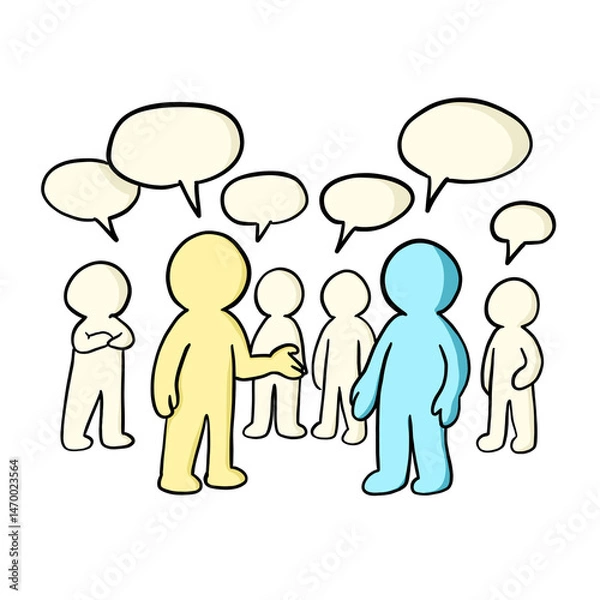 Fototapeta Illustration of Diverse Characters Engaging in Conversation with Speech Bubbles on a Simple Black Background