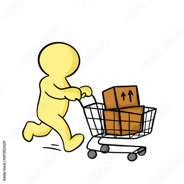 Fototapeta Yellow character in motion, carrying a cart with boxes while rolling balls, representing delivery, logistics, movement, and activity in a playful style