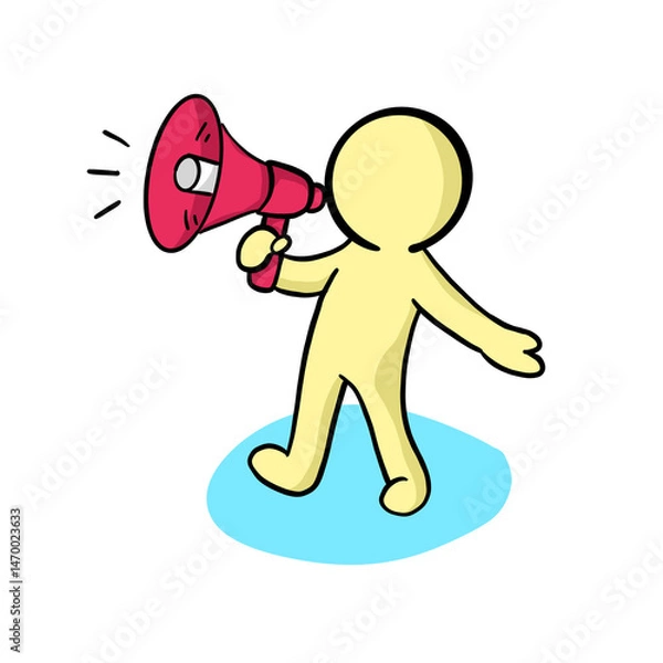 Fototapeta Simple cartoon figure holding a megaphone in a dynamic pose representing communication, announcement, and engagement for various creative projects