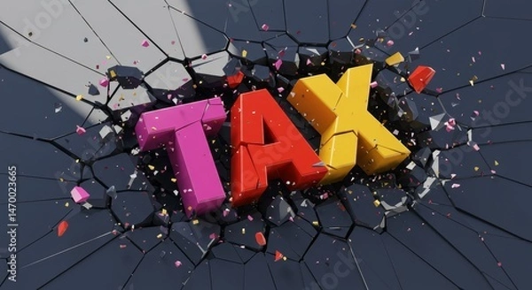 Fototapeta 3D Tax Word Breaking Through Surface - Colorful 3D tax word explodes from a cracked surface, symbolizing financial breakthrough, overcoming obstacles, tax reform, financial freedom, and new beginnings