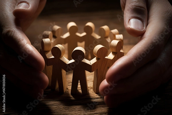 Fototapeta Hands safeguarding circle of wooden figures symbolizing unity and protection