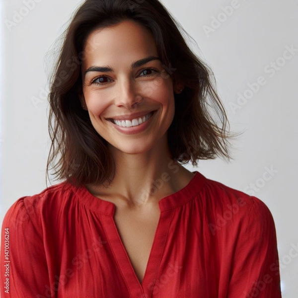 Fototapeta Portrait of a confident woman with a warm smile in a red blouse