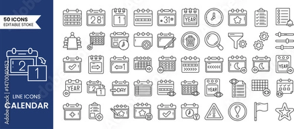 Fototapeta Calendar line editable icon set. Containing date, schedule, month, week, appointment, meeting, reminder, event and more. Vector illustration
