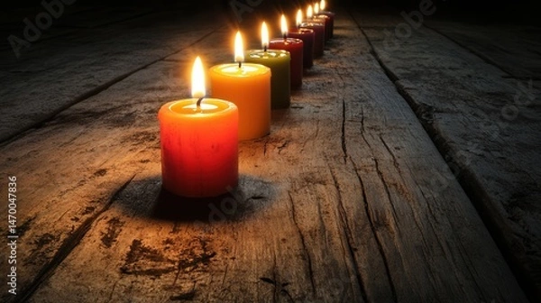 Obraz A dozen candles on a table, one glowing brightly, the others unlit, symbolizing the power of a single idea, creativity, and intelligence, in a dark, focused setting