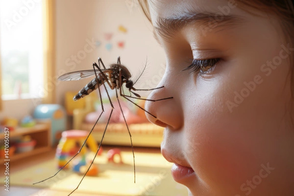 Obraz Extreme close up of a mosquito on a kid's nose. Summer bug bites and insect protection concept for travel and outdoor activities.