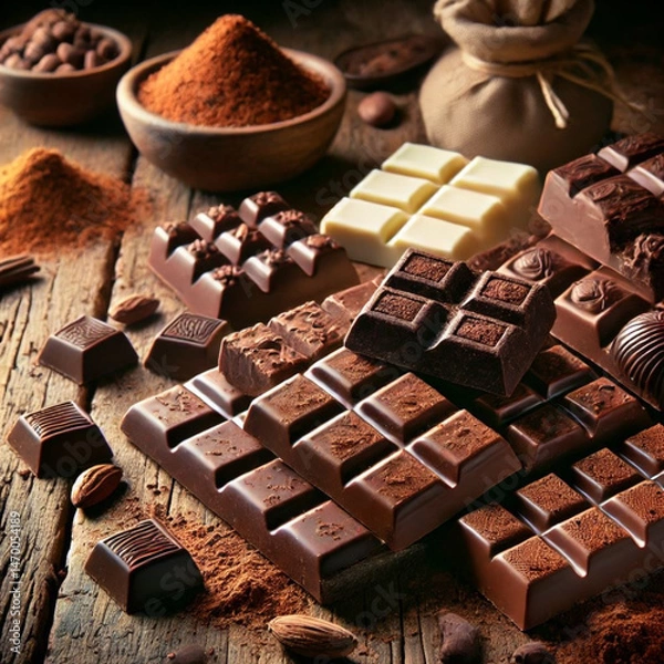 Fototapeta Assorted gourmet chocolate bars with cocoa powder and nuts on rustic wooden table