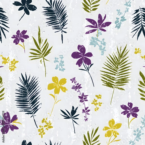 Fototapeta Colorful tropical leaf pattern on a purple background with flowers and delicate foliage creating a vibrant design