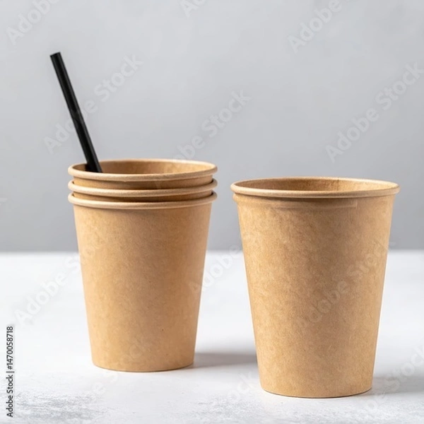 Fototapeta Two colorful paper cups, each with a vibrant design, feature a straw inserted into each. They sit on a wooden table, casting soft shadows.