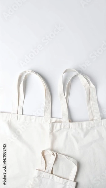 Fototapeta Two elegant white tote bags with sturdy handles, positioned side by side against a smooth, neutral background, showcasing their minimalist design.