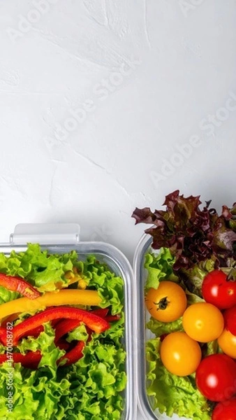 Fototapeta Two clear plastic containers brimming with vibrant, fresh salads, featuring a colorful mix of leafy greens, cherry tomatoes, cucumbers, and bell peppers.