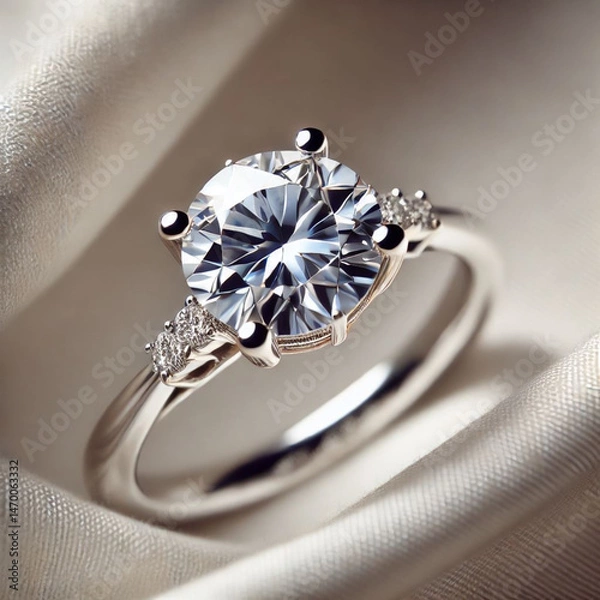 Fototapeta Close-up of sparkling diamond ring with side stones on silk background