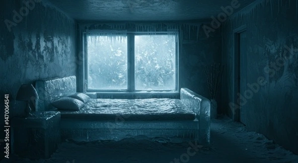 Fototapeta Frozen Bedroom Interior: Icy Window and Bed - A chilling scene of a bedroom frozen in time, symbolizing isolation, winter's grip, stillness, abandonment, and the passage of time