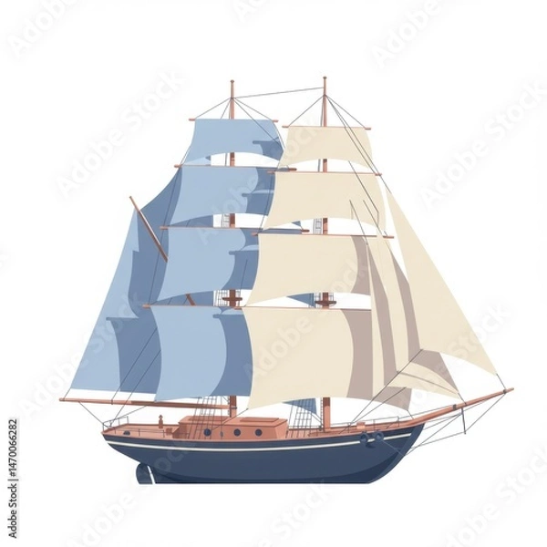 Fototapeta Sailing Ship with Blue and Beige Sails on White Background