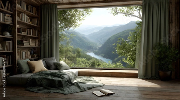 Obraz Serene interior reading nook with panoramic mountain view inviting relaxation and escape