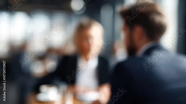Fototapeta Blurred image of two people having conversation modern indoor setting, possibly cafe