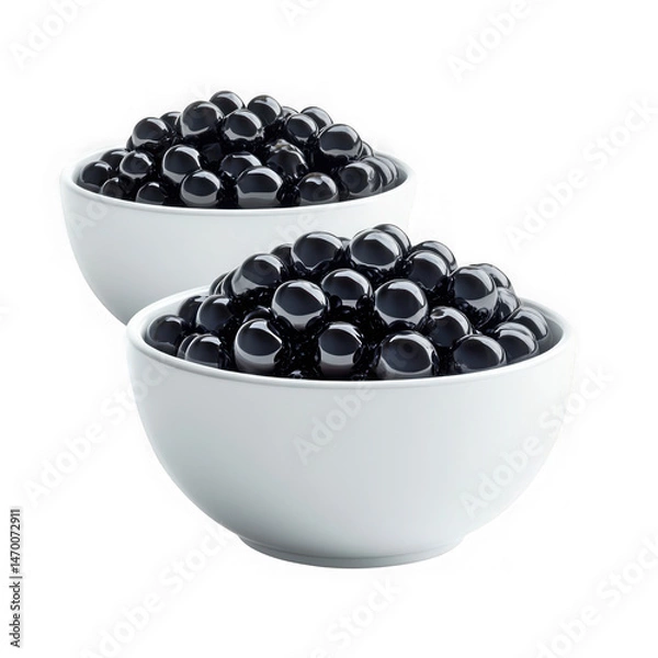 Fototapeta Two bowls of black tapioca pearls isolated on transparent background. food and beverage use cases.