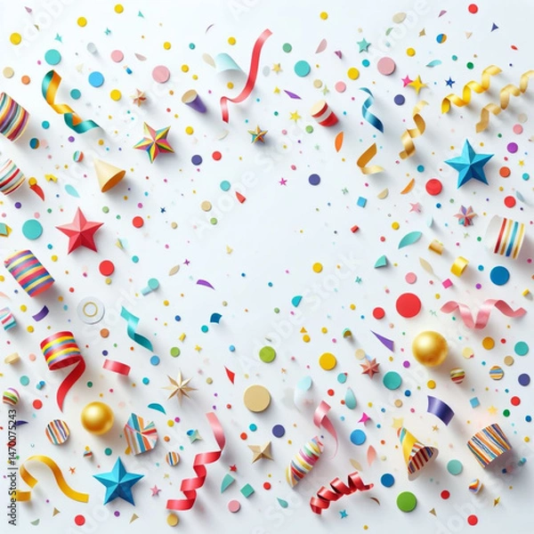 Fototapeta Colorful celebration background with confetti, ribbons, and party elements