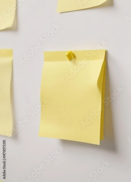 Fototapeta Bright yellow sticky note, close-up view, white background,  adhesive note,  reminder,  memo