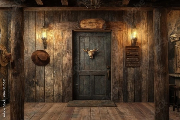 Fototapeta 3D rendering of an old western barn with a door and a hat