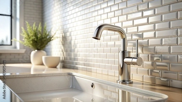 Fototapeta Modern kitchen design featuring a sleek chrome faucet and subtle off-white subway tile backsplash