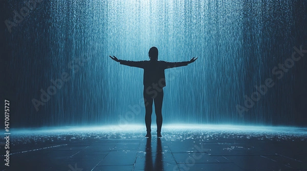 Fototapeta A person standing in the rain with arms open, symbolizing emotional release and renewal (3)