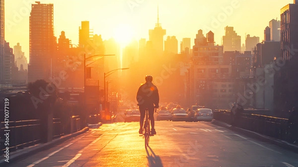 Obraz Person cycling through a cityscape during golden hour