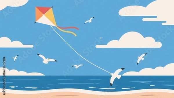 Fototapeta A cheerful summer day at the beach with a colorful kite flying high, playful seagulls soaring above the ocean waves, and fluffy clouds in the sky 8K