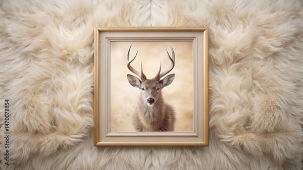 Fototapeta A framed image of a majestic deer, its antlers reaching towards the heavens, rests peacefully upon a plush, creamy-colored fur, creating a serene and elegant visual composition.