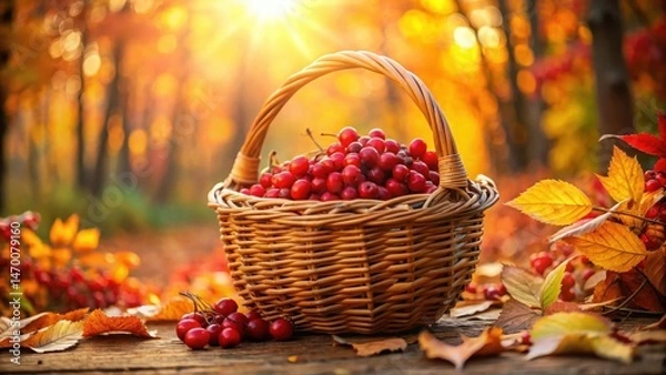 Fototapeta Autumnal Harvest A wicker basket overflowing with vibrant red berries rests on a rustic wooden surface, surrounded by colorful autumn leaves, bathed in the warm golden light of the setting sun.