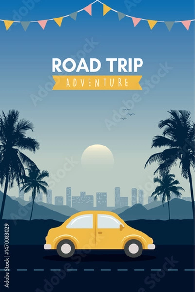 Obraz road trip adventure in the wilderness car on tropical landscape vector illustration