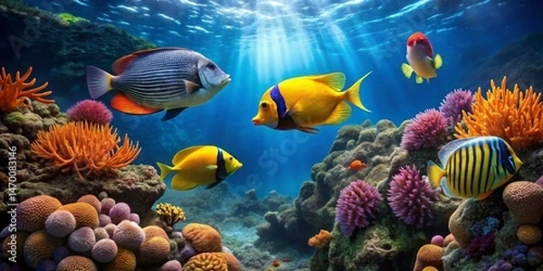Fototapeta Vibrant underwater scene showcasing a diverse array of colorful fish and coral reef formations bathed in sunlight