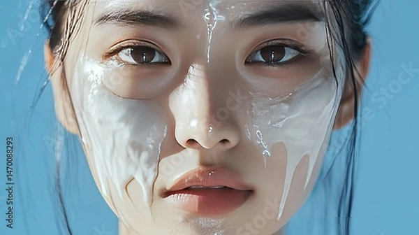 Fototapeta A close-up of a woman applying cream to her cheek, with a gentle smile