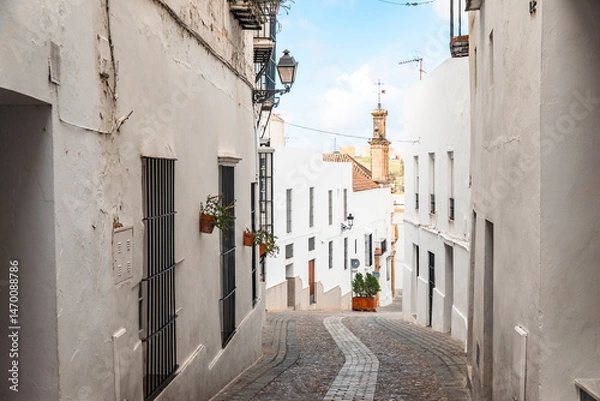 Fototapeta a cobbled street with typical white houses in Arcos de la Frontera, province of Cádiz, Andalusia, Spain