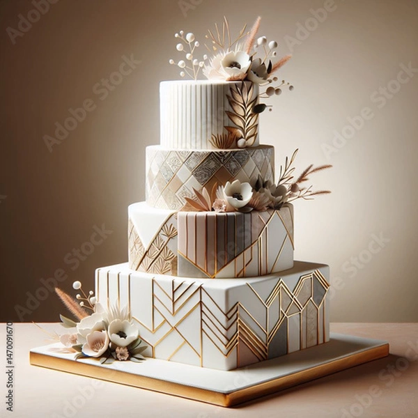 Fototapeta Sophisticated wedding cake with geometric patterns and neutral tones"