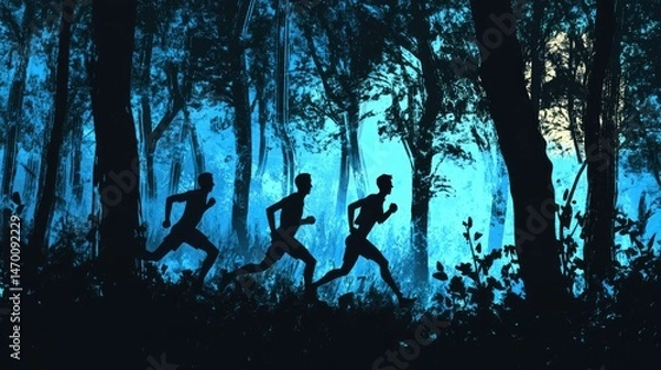 Fototapeta A man and a woman are running side by side on a dirt trail through a lush, green forest.