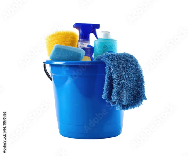 Obraz Essential cleaning supplies in a blue bucket for household chores on a transparent background, cut out