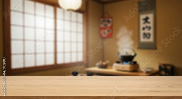 Fototapeta Wooden Tabletop in Blurred Japanese Kitchen Setting - A clean, empty wooden table in front of a softly blurred Japanese kitchen scene. Symbols of warmth, serenity, tradition, culinary artistry