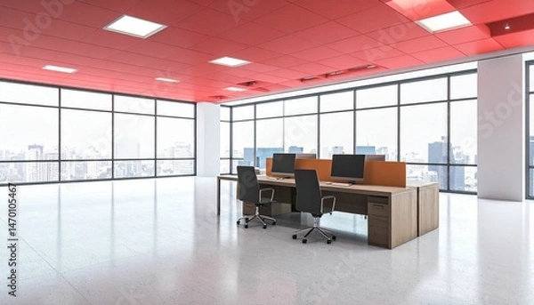 Fototapeta Modern empty office space with red ceiling and panoramic city view.