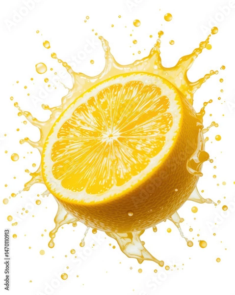 Fototapeta Fresh lemon slice with vibrant yellow juice splash, isolated on white, creates dynamic and refreshing mood